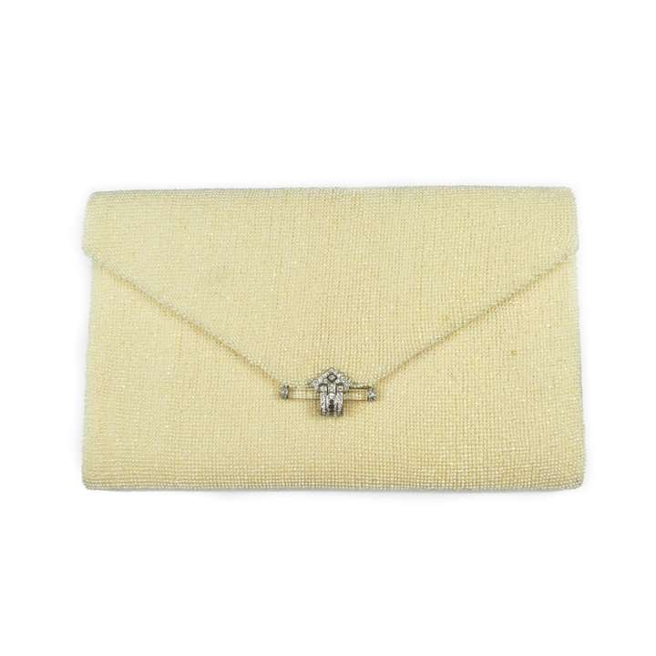 Woven seed pearl clutch bag with diamond and crystal clasp